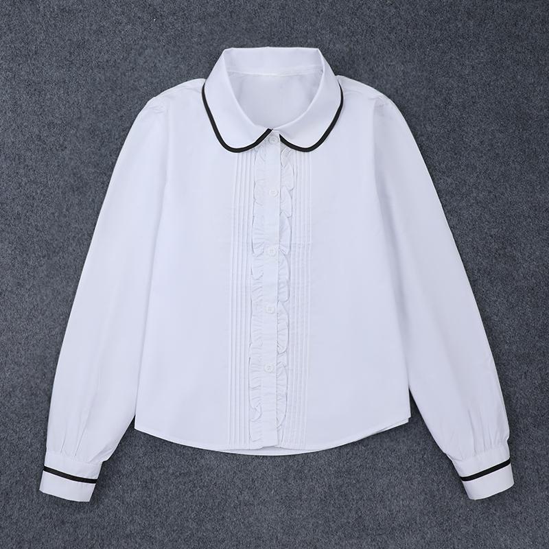 女生白衬衫长袖黑边百褶胸花校服衬衣中学生女孩班服上衣女童礼服