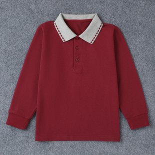 春秋款儿童校服长袖POLO衫男女童枣红色菱形灰领T恤中小学生上衣