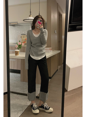 Veee 纸片人既视感 羊毛针织假两件圆领显瘦慵懒灰色针织打底衫