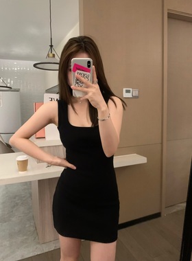 VASSE 限量出黑色纸片裙 百搭黑色显瘦纯欲高克重修身黑色连衣裙