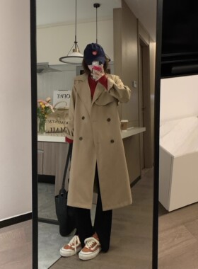 Veee 秋季经典款 显瘦卡其色 韩版宽松中长款显瘦系带风衣外套