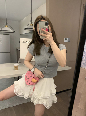 Veee Jennie少女感 重工可爱显瘦高腰蕾丝拼接半身短裙白色蛋糕裙