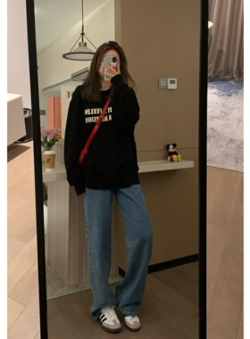 Veee 休闲少年感 韩系慵懒套头圆领字母印花宽松显瘦美式纯色卫衣