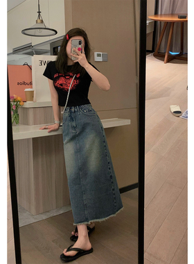 Veee时髦精雅痞调 显瘦高腰水洗a字中长款开叉半裙复古牛仔半身裙