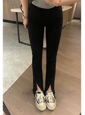 Veee太显瘦啦 很能拉比例自带PS 显瘦高腰开叉微喇黑色弹力牛仔裤