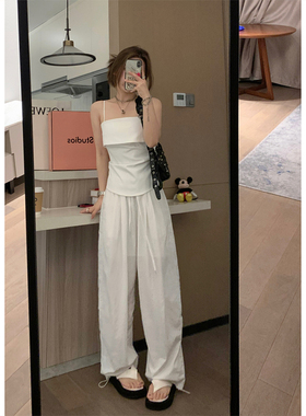 Veee 自由感ju好穿 降落伞裤徒步皱皱速干白色休闲设计抽绳工装裤