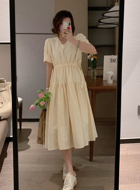 VEEE 气质jue了 小赫本V领抽绳长款显瘦法式白色连衣裙夏季新款女