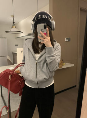 灰色连帽显瘦百搭拉链卫衣外套