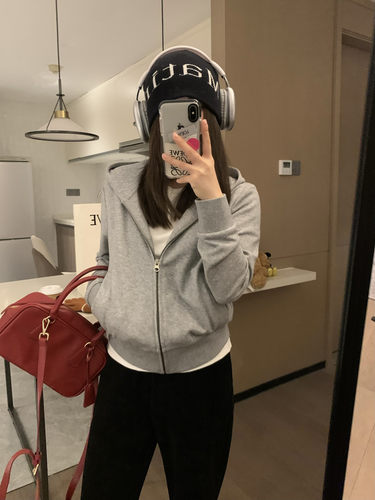 灰色连帽显瘦百搭拉链卫衣外套