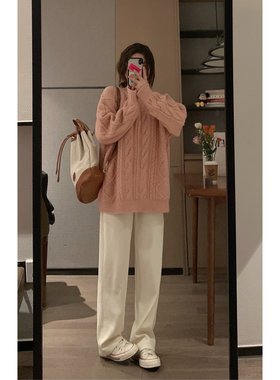 Veee软糯慵懒舒适垂感韩系微拖地高腰坑条针织百搭显瘦直筒休闲裤