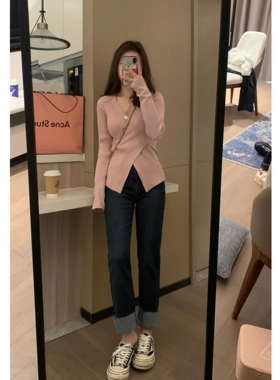 Veee 修饰腿型显腿直PS牛仔裤 显瘦弹力高腰深蓝色翻边直筒休闲裤