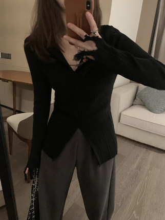 Veee慵懒设计感ju显瘦撕边翻领开叉毛衣加厚多色长袖百搭针织上衣