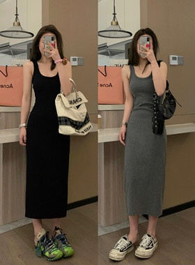 Veee 实穿卦人手一条 百搭显瘦修身针织圆领长款黑色吊带裙连衣裙
