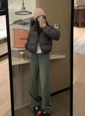 加厚磨绒显瘦小直筒高腰牛仔裤