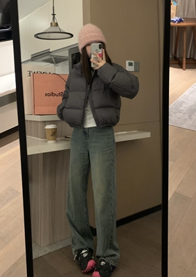 加厚磨绒显瘦小直筒高腰牛仔裤