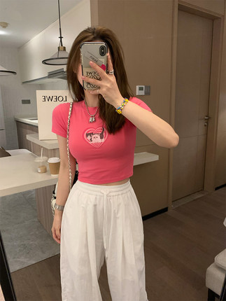 Veee 心动长存 显白玫粉色辣妹猫咪爱心印花短款修身正肩短袖T恤