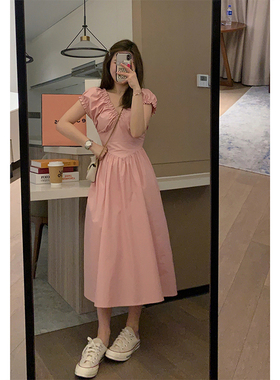 Veee 甜茶裙 粉色显瘦V领泡泡袖设计感褶皱优雅长款法式连衣裙