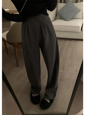 Veee 全员自留慵懒时髦 显瘦加绒阔腿休闲裤直筒灰色运动裤子女冬