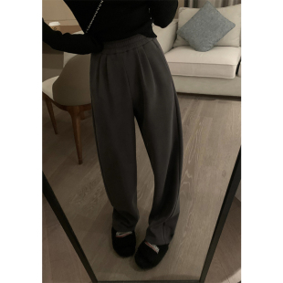 Veee 全员自留慵懒时髦 显瘦加绒阔腿休闲裤直筒灰色运动裤子女冬