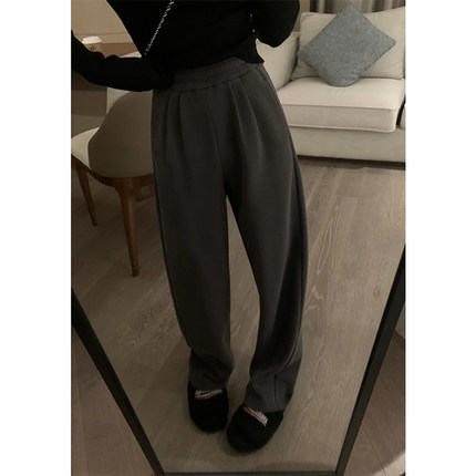 Veee 全员自留慵懒时髦 显瘦加绒阔腿休闲裤直筒灰色运动裤子女冬