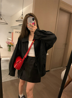 Veee黑曼巴 复古廓形宽松显瘦酷酷 黑色皮衣外套机车夹克休闲上衣