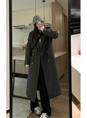 Veee 女主大衣 黑色长款毛呢大衣女冬季双排扣加厚羊毛呢子外套
