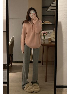 Veee 软糯糯韩系百搭粉色高领半拉链宽松套头纯色翻领显瘦毛衣5色