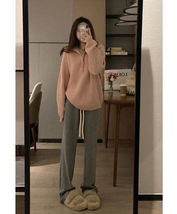 Veee 软糯糯韩系百搭粉色高领半拉链宽松套头纯色翻领显瘦毛衣5色