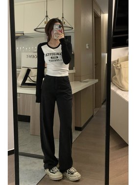 Veee裤型很棒 黑灰色直筒破洞显瘦高腰垂感 百搭休闲微拖地牛仔裤