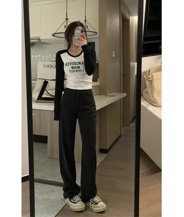 Veee裤型很棒 黑灰色直筒破洞显瘦高腰垂感 百搭休闲微拖地牛仔裤