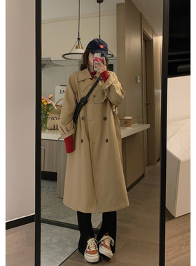 Veee 时髦实穿兼备的卡其风衣 韩版宽松中长款显瘦系带风衣外套女