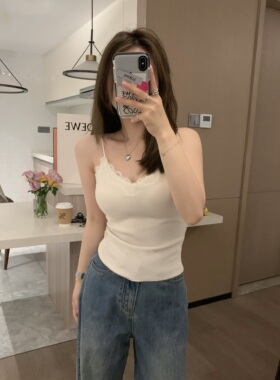 Veee jue美甜欲内搭 温柔纯欲蕾丝吊带胸垫一体Bar百搭显瘦背心