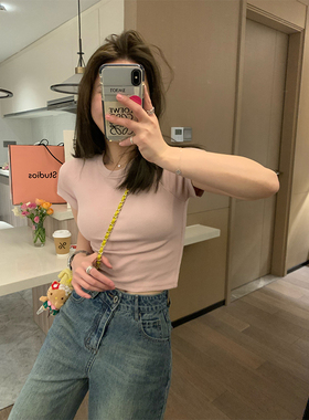Veee清透感芋泥灰粉 短款圆领纯色插肩袖精梳螺纹气质正肩短袖T恤