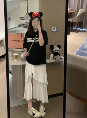 Veee 慵懒汤汤裙 不规则白色开叉蛋糕裙显瘦设计感鱼尾蕾丝半身裙