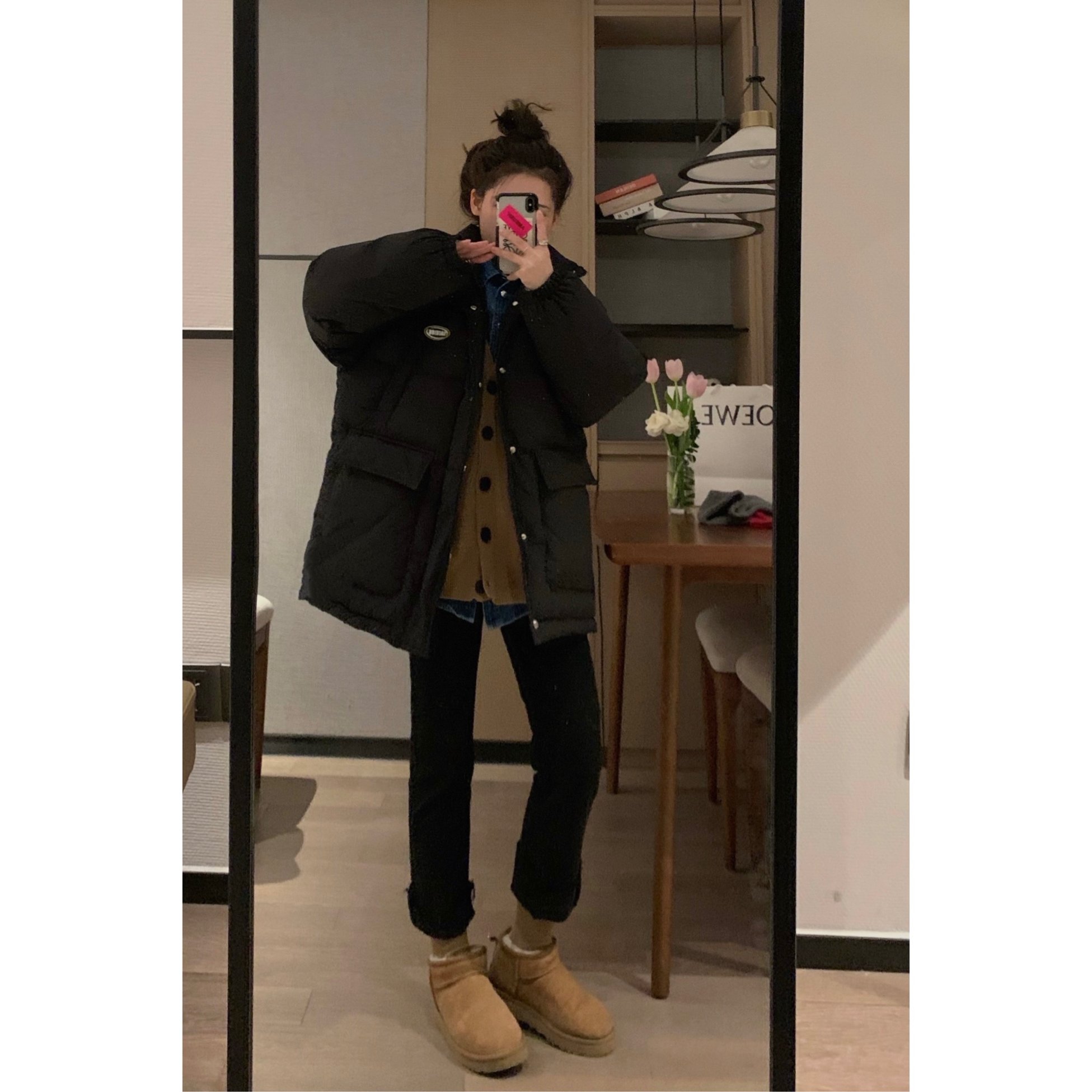 Veee 小细节加厚直筒黑灰色烟管裤 韩版显瘦显腿直毛边加厚牛仔裤