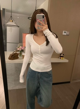 VASSE 基础实穿挂 显瘦桃心领百搭套头长袖T恤白色纸片人内搭上衣