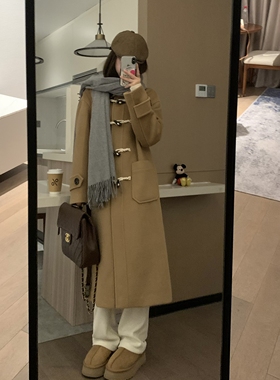 Veee 禾木初雪 美拉德棕色牛角扣长款毛呢大衣呢子外套女冬季