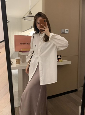 VASSE极简美学 松弛感透气舒适白色刺绣衬衫夏季防晒宽松长袖衬衣