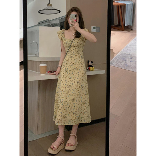 显瘦方领气质碎花长款连衣裙