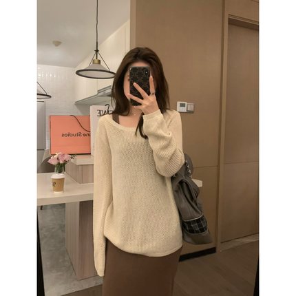 VASSE 甜酷慵懒vibe 宽松镂空针织衫圆领卡其色百搭套头长袖上衣