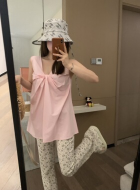 VASSE 韩系欧尼酱 前后两穿立体蝴蝶结纽结无袖可爱粉色背心上衣