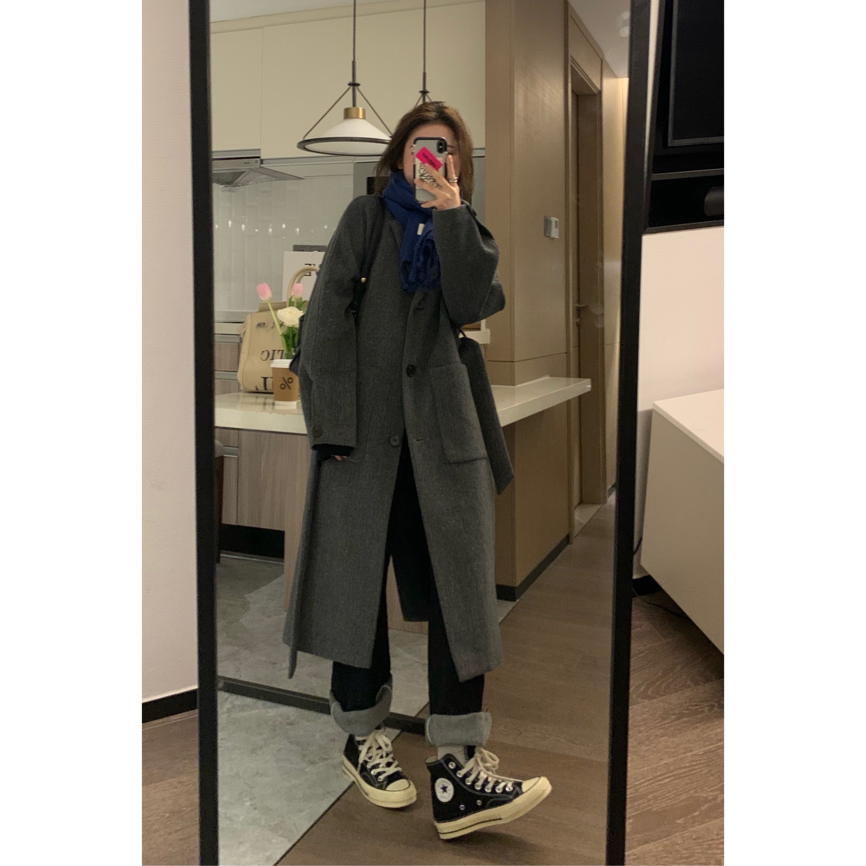 灰色显瘦中长款加厚毛呢大衣外套