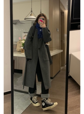 Veee 秒变穿搭博主 时髦深灰色显瘦中长款加厚保暖毛呢大衣外套