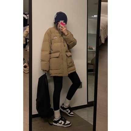 Veee保暖又好看 黑色/卡其色中长款韩版宽松立领羽绒服外套可情侣