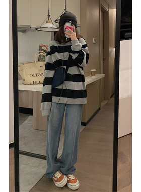 VEEE 超好看定制了很久黑灰条纹 显瘦宽松慵懒条纹套头卫衣可情侣