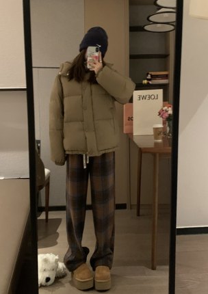 VASSE 蓬松小奶包 连帽加厚保暖0压感90白鸭绒棕色面包羽绒服外套