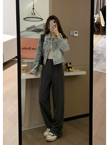 高腰显瘦垂感百搭灰色西装阔腿裤