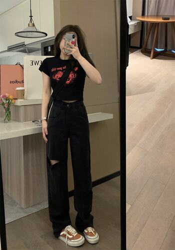 显瘦破洞夏季垂感百搭牛仔裤