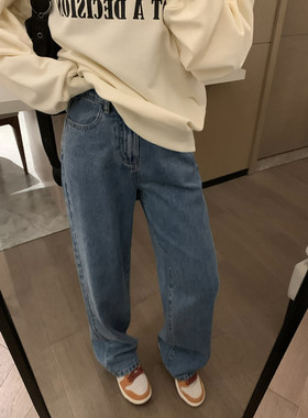 Veee松弛感轻松复古 经典丹宁水洗慵懒阔腿牛仔裤直筒高腰休闲裤