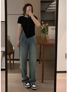 VEEE 这条复古蓝超好看 显瘦直筒慵懒韩代博主长款微拖地牛仔裤女